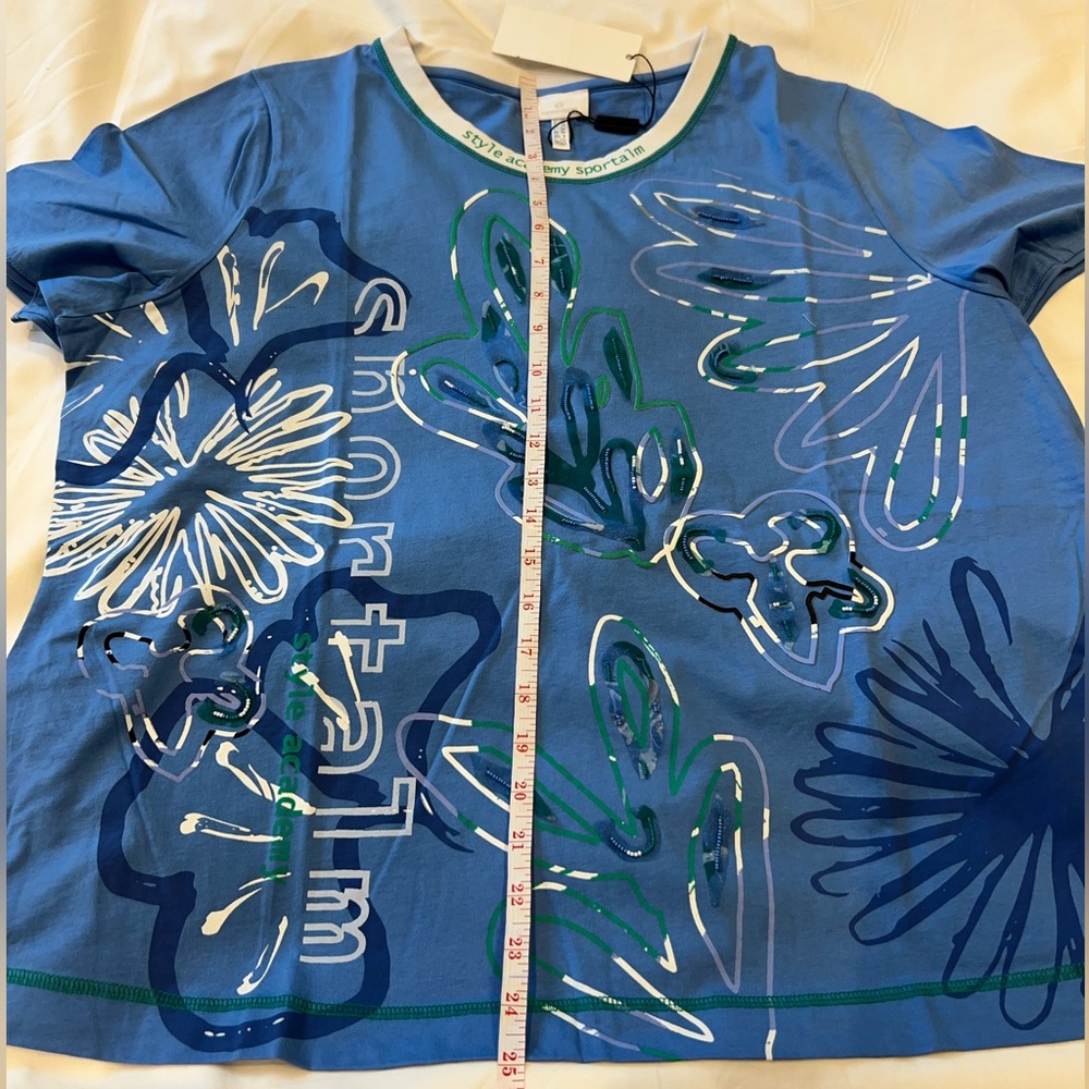 Sportalm Blue and Green Short Sleeve Tee with Botanical Design size 18